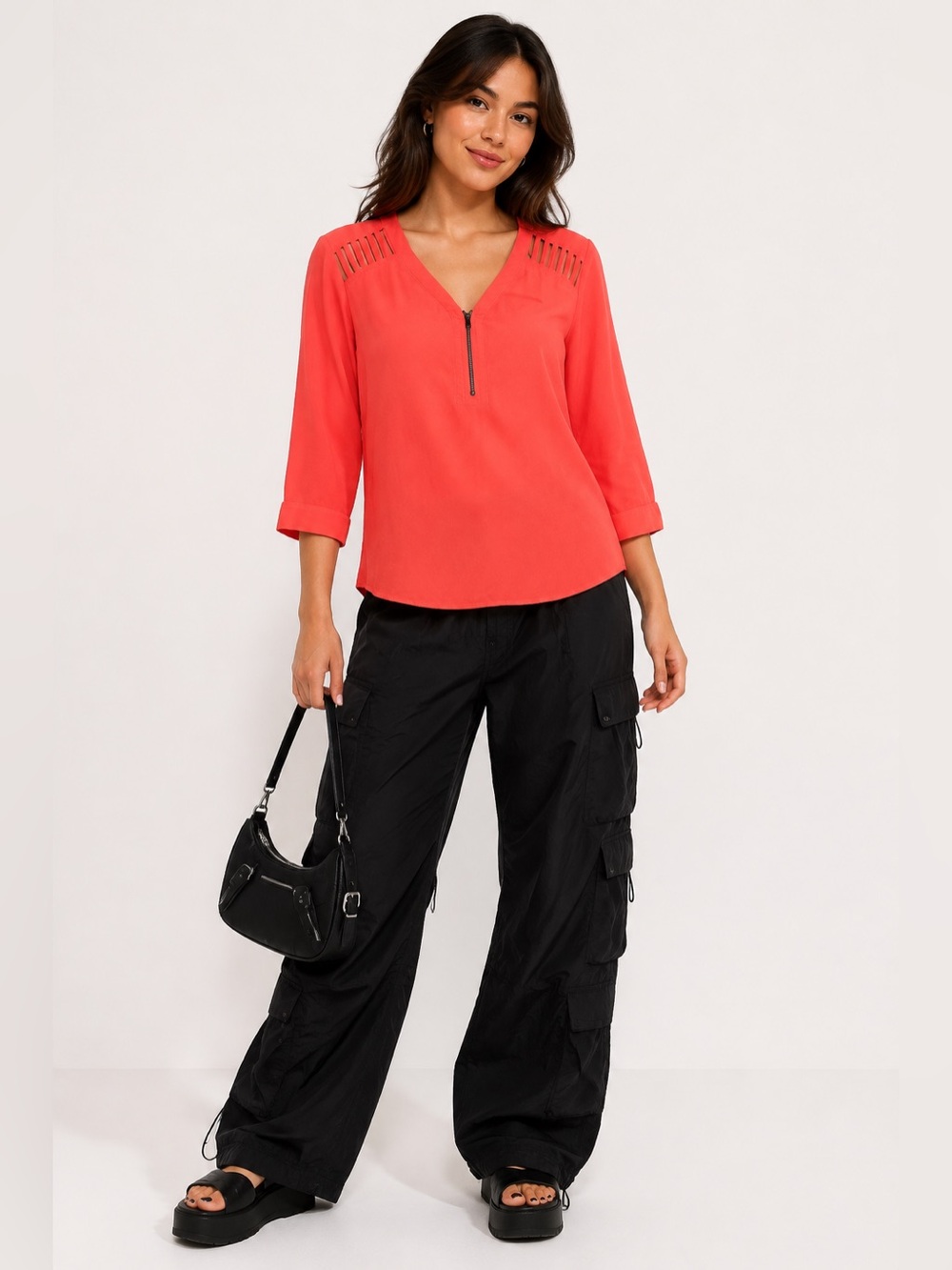 Bongo Womens M Neon Coral Cutout Shoulder Zip Front 3/4 Sleeve Blouse